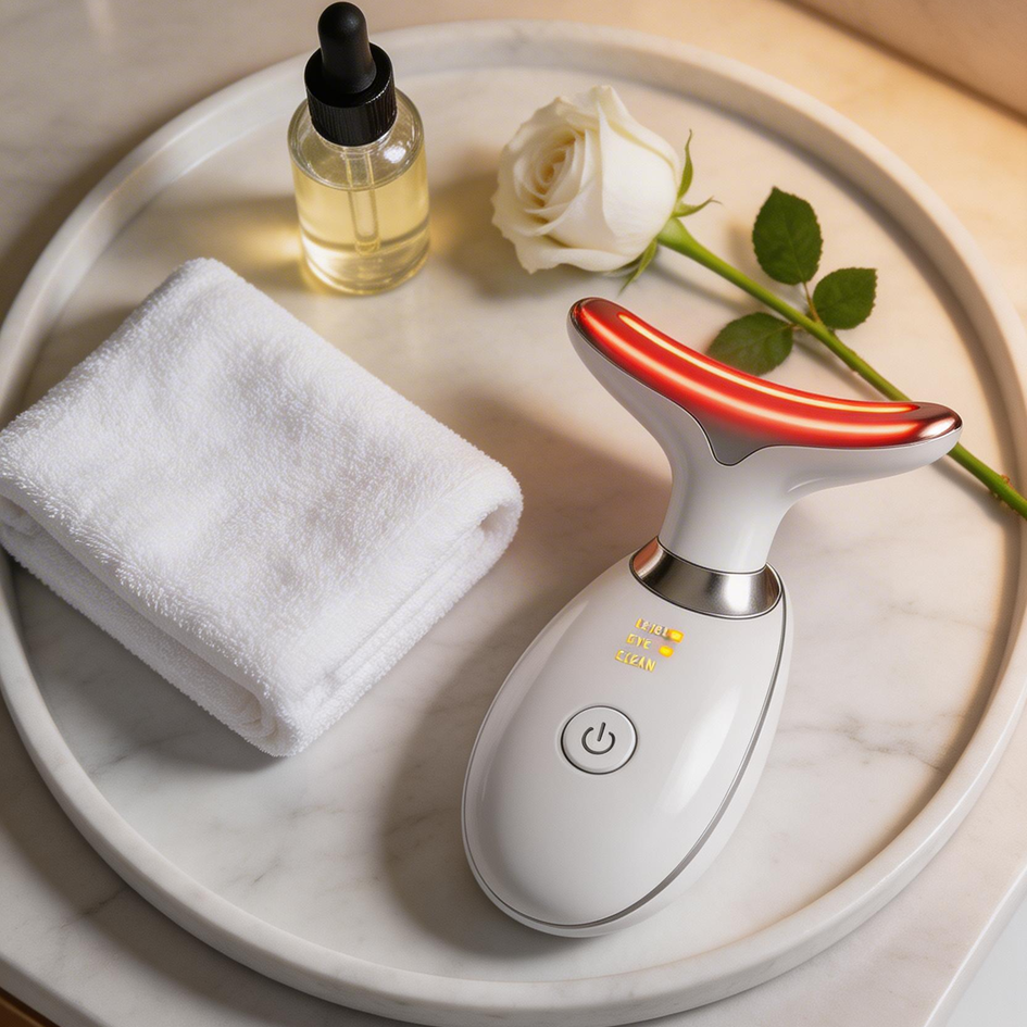Skincare device on a marble tray with towel, oil, and rose.